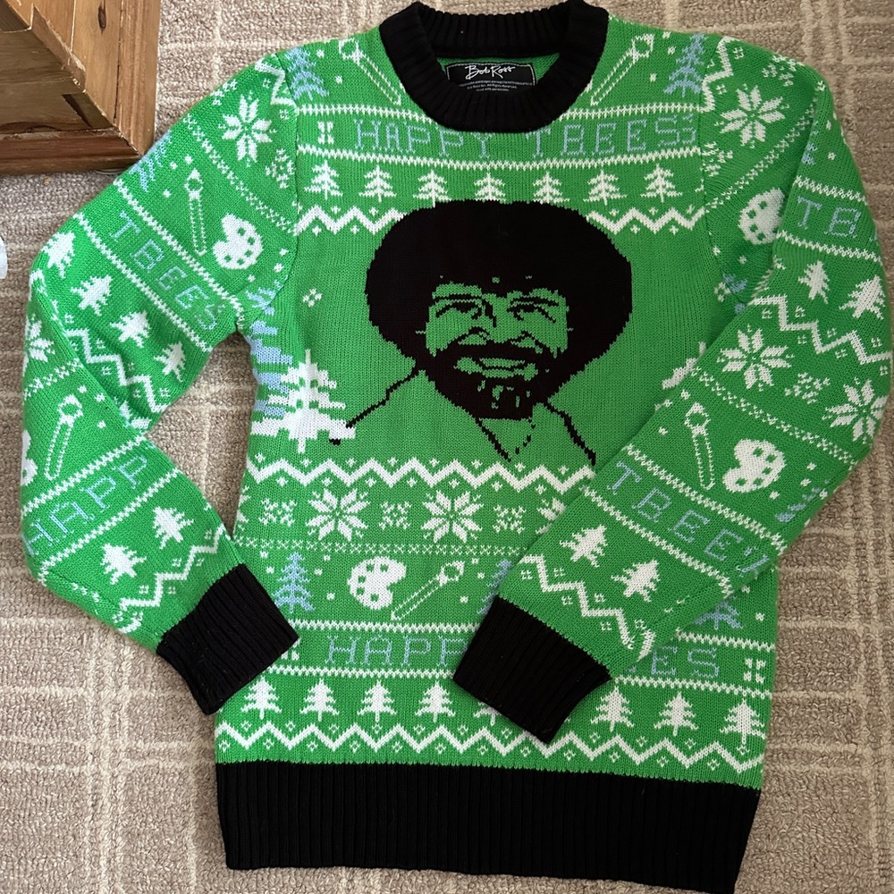 Green Bob Ross Holiday Sweaters (S and L)